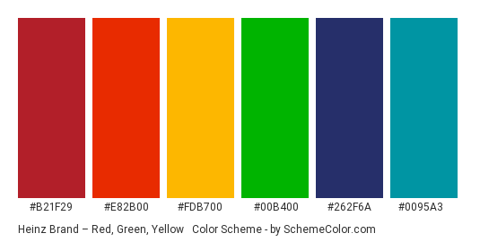 Heinz Brand – Red, Green, Yellow & Blue - Color scheme palette thumbnail - #b21f29 #e82b00 #fdb700 #00b400 #262f6a #0095a3 