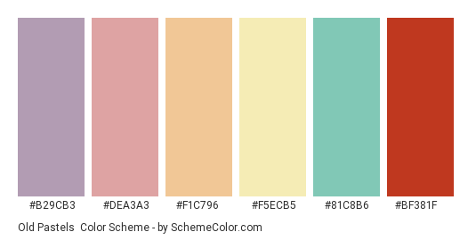 Old Pastels - Color scheme palette thumbnail - #b29cb3 #dea3a3 #f1c796 #f5ecb5 #81c8b6 #bf381f 