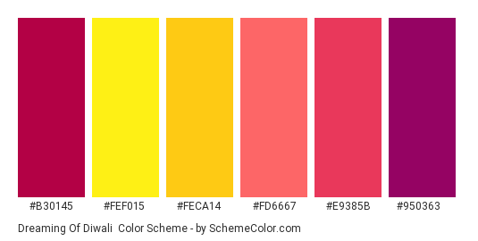 Dreaming of Diwali - Color scheme palette thumbnail - #b30145 #fef015 #feca14 #fd6667 #e9385b #950363 