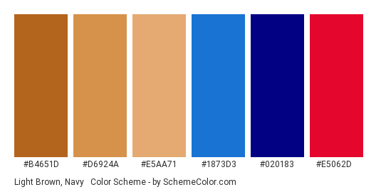 Light Brown, Navy & Red - Color scheme palette thumbnail - #b4651d #d6924a #e5aa71 #1873d3 #020183 #e5062d 