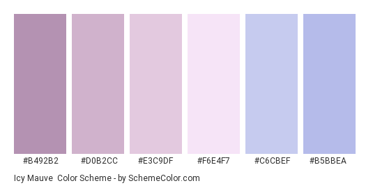 Icy Mauve - Color scheme palette thumbnail - #b492b2 #d0b2cc #e3c9df #f6e4f7 #c6cbef #b5bbea 