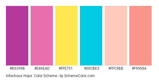 Infectious Hope - Color scheme palette thumbnail - #b5399b #e86ead #ffe751 #00cbe3 #ffc9bb #f9958a 
