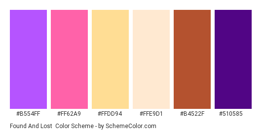 Found and Lost - Color scheme palette thumbnail - #b554ff #ff62a9 #ffdd94 #ffe9d1 #b4522f #510585 