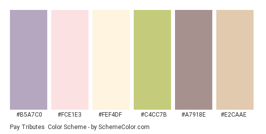Pay Tributes - Color scheme palette thumbnail - #b5a7c0 #fce1e3 #fef4df #c4cc7b #a7918e #e2caae 