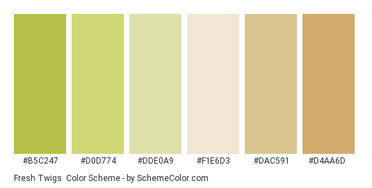 Fresh Twigs - Color scheme palette thumbnail - #b5c247 #d0d774 #dde0a9 #f1e6d3 #dac591 #d4aa6d 