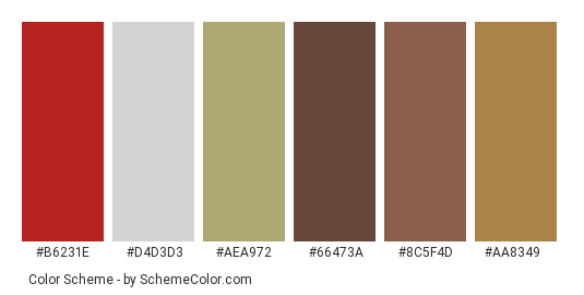 Spice It Up - Color scheme palette thumbnail - #b6231e #d4d3d3 #aea972 #66473a #8c5f4d #aa8349 