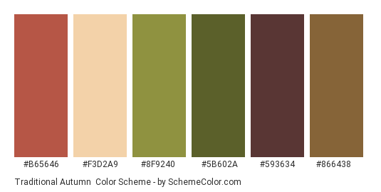 Traditional Autumn - Color scheme palette thumbnail - #b65646 #f3d2a9 #8f9240 #5b602a #593634 #866438 