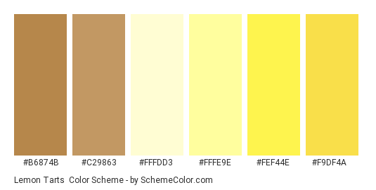 Lemon Tarts - Color scheme palette thumbnail - #b6874b #c29863 #fffdd3 #fffe9e #fef44e #f9df4a 