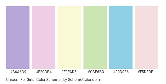 Unicorn for Girls - Color scheme palette thumbnail - #b6a6d9 #efcde4 #f9fad5 #cbe6b3 #90d0e6 #f5dedf 