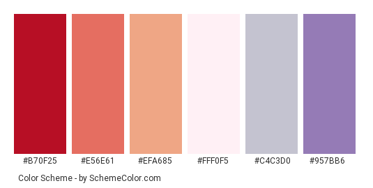 Girl Lavender - Color scheme palette thumbnail - #b70f25 #e56e61 #efa685 #fff0f5 #c4c3d0 #957bb6 