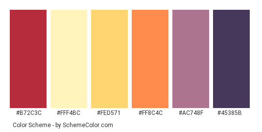 Dream Sunrise - Color scheme palette thumbnail - #b72c3c #fff4bc #fed571 #ff8c4c #ac748f #45385b 