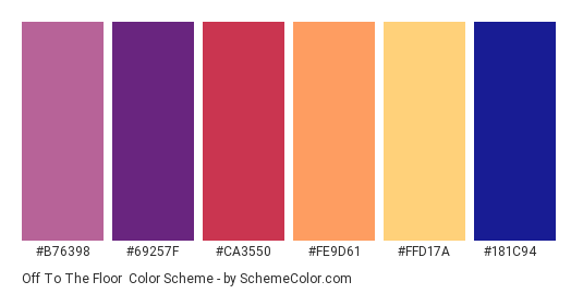 Off to the Floor - Color scheme palette thumbnail - #b76398 #69257f #ca3550 #fe9d61 #ffd17a #181c94 