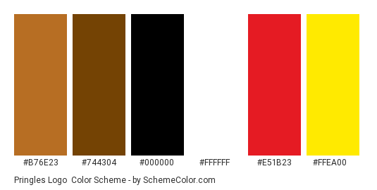 Pringles Logo - Color scheme palette thumbnail - #b76e23 #744304 #000000 #ffffff #e51b23 #ffea00 