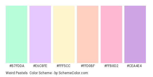 Weird Pastels - Color scheme palette thumbnail - #b7fdda #e6c8fe #fff5cc #ffd0bf #ffb8d2 #cea4e4 