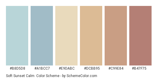 Soft Sunset Calm - Color scheme palette thumbnail - #b8d5d8 #a1bcc7 #e9dabc #dcbb95 #c99e84 #b47f75 