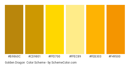 Golden Dragon - Color scheme palette thumbnail - #b9860c #cd9801 #ffd700 #ffec89 #feb303 #f49500 