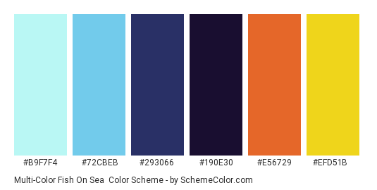 Multi-Color Fish On Sea - Color scheme palette thumbnail - #b9f7f4 #72cbeb #293066 #190e30 #e56729 #efd51b 