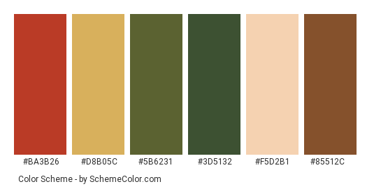 Rustic Christmas Greetings - Color scheme palette thumbnail - #ba3b26 #d8b05c #5b6231 #3d5132 #f5d2b1 #85512c 