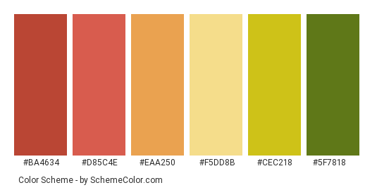 Leaf in Fall - Color scheme palette thumbnail - #ba4634 #d85c4e #eaa250 #f5dd8b #cec218 #5f7818 