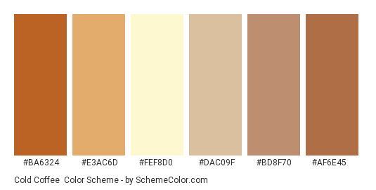 Cold Coffee - Color scheme palette thumbnail - #ba6324 #e3ac6d #fef8d0 #dac09f #bd8f70 #af6e45 