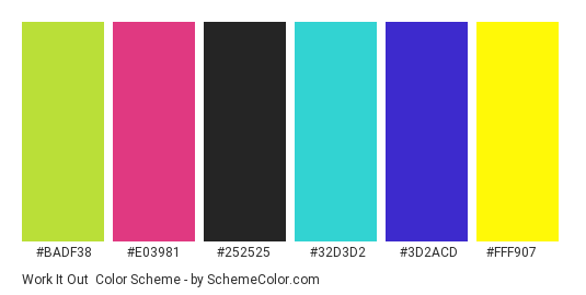 Work It Out - Color scheme palette thumbnail - #badf38 #e03981 #252525 #32d3d2 #3d2acd #fff907 