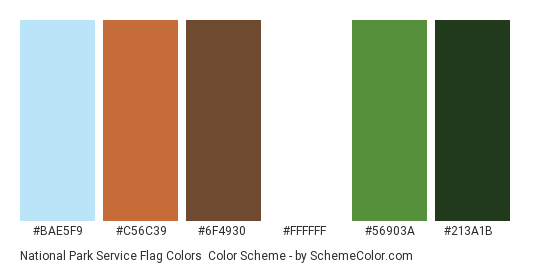 National Park Service Flag Colors - Color scheme palette thumbnail - #bae5f9 #c56c39 #6f4930 #ffffff #56903a #213a1b 
