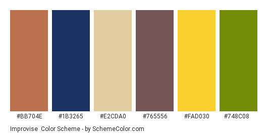 Improvise - Color scheme palette thumbnail - #bb704e #1b3265 #e2cda0 #765556 #fad030 #748c08 