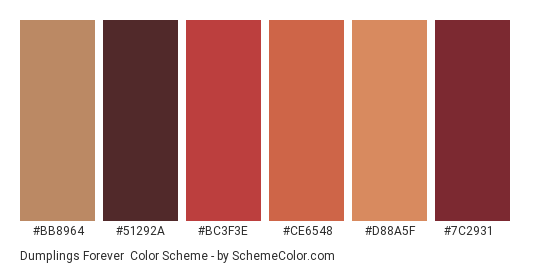 Dumplings Forever - Color scheme palette thumbnail - #bb8964 #51292a #bc3f3e #ce6548 #d88a5f #7c2931 