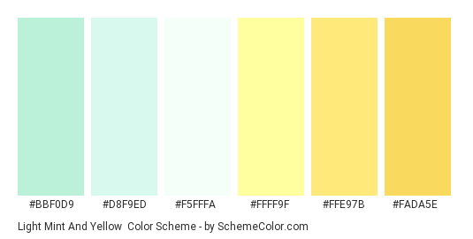 Light Mint and Yellow - Color scheme palette thumbnail - #bbf0d9 #d8f9ed #f5fffa #ffff9f #ffe97b #fada5e 