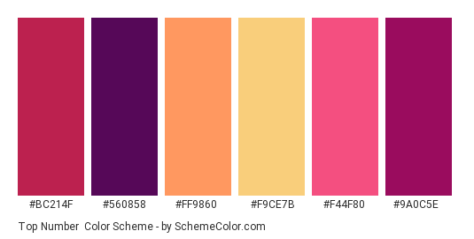 Top Number - Color scheme palette thumbnail - #bc214f #560858 #ff9860 #f9ce7b #f44f80 #9a0c5e 