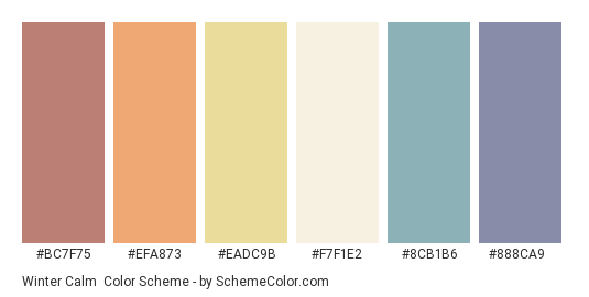 Winter Calm - Color scheme palette thumbnail - #bc7f75 #efa873 #eadc9b #f7f1e2 #8cb1b6 #888ca9 
