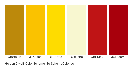 Golden Diwali - Color scheme palette thumbnail - #bc890b #fac200 #fedc00 #f8f7d0 #bf1415 #a8000c 