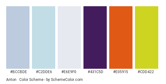 Anton & Irene - Color scheme palette thumbnail - #bccbde #c2dde6 #e6e9f0 #431c5d #e05915 #cdd422 