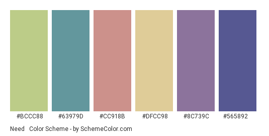 Need & Deserve - Color scheme palette thumbnail - #bccc88 #63979d #cc918b #dfcc98 #8c739c #565892 