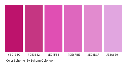 Pink Dahlia - Color scheme palette thumbnail - #bd136c #c53682 #e04fb3 #de67be #e28bcf #e1a6e0 