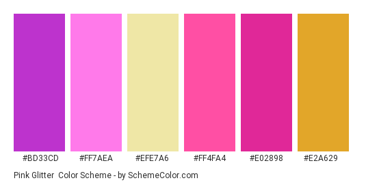 Pink Glitter - Color scheme palette thumbnail - #bd33cd #ff7aea #efe7a6 #ff4fa4 #e02898 #e2a629 