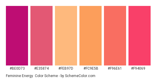 Feminine Energy - Color scheme palette thumbnail - #be0d73 #e35874 #feb97d #fc9e5b #f96e61 #f94069 