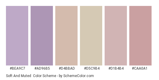 Soft and Muted - Color scheme palette thumbnail - #bea9c7 #ad96b5 #d4bbad #d5c9b4 #d1b4b4 #caa0a1 