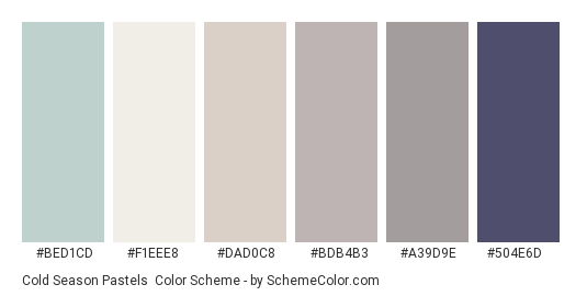 Cold Season Pastels - Color scheme palette thumbnail - #bed1cd #f1eee8 #dad0c8 #bdb4b3 #a39d9e #504e6d 