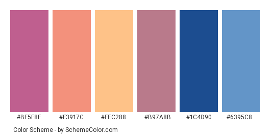 Interdimensional Sunset - Color scheme palette thumbnail - #bf5f8f #f3917c #fec288 #b97a8b #1c4d90 #6395c8 