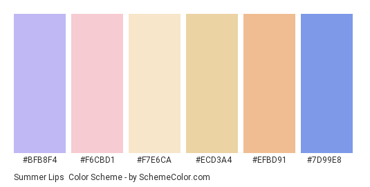 Summer Lips - Color scheme palette thumbnail - #bfb8f4 #f6cbd1 #f7e6ca #ecd3a4 #efbd91 #7d99e8 
