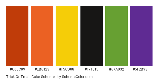 Trick or Treat - Color scheme palette thumbnail - #c03c09 #eb6123 #f5cd08 #171615 #67a032 #5f2b93 
