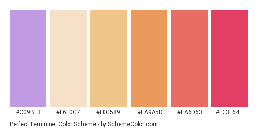 Perfect Feminine - Color scheme palette thumbnail - #c09be3 #f6e0c7 #f0c589 #ea9a5d #ea6d63 #e33f64 