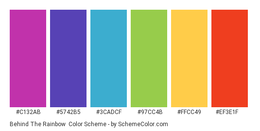 Behind the Rainbow - Color scheme palette thumbnail - #c132ab #5742b5 #3cadcf #97cc4b #ffcc49 #ef3e1f 