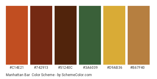 Manhattan Bar - Color scheme palette thumbnail - #c14e21 #742913 #51240c #3a6039 #d9ab36 #b67f40 