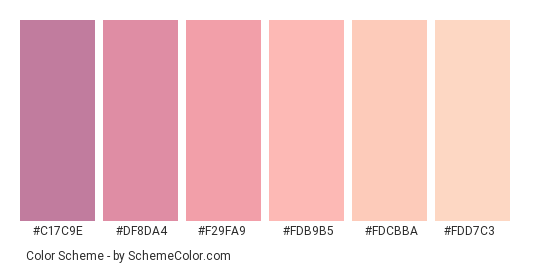 Pink Clouds - Color scheme palette thumbnail - #c17c9e #df8da4 #f29fa9 #fdb9b5 #fdcbba #fdd7c3 