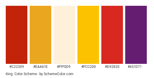 King - Color scheme palette thumbnail - #c22309 #eaa61e #fff0d9 #fcc200 #d92820 #651d71 