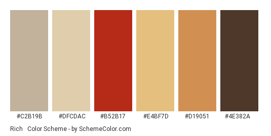 Rich & Premium - Color scheme palette thumbnail - #c2b19b #dfcdac #b52b17 #e4bf7d #d19051 #4e382a 