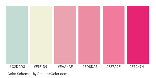 Spring is Here - Color scheme palette thumbnail - #c2dcd3 #f1f1d9 #eaa4af #ed8da3 #f27a9f #e72474 