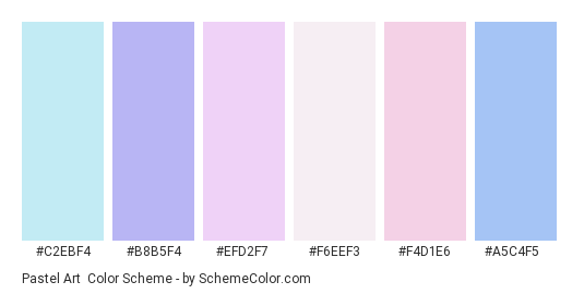 Pastel Art - Color scheme palette thumbnail - #c2ebf4 #b8b5f4 #efd2f7 #f6eef3 #f4d1e6 #a5c4f5 
